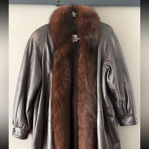 Damselle Dark Brown Fox Fur Leather Coat - Picture 2 of 13